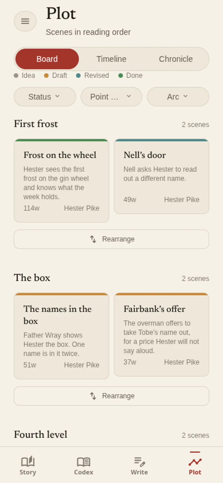 The corkboard: scene cards under their chapter, each with a short summary.