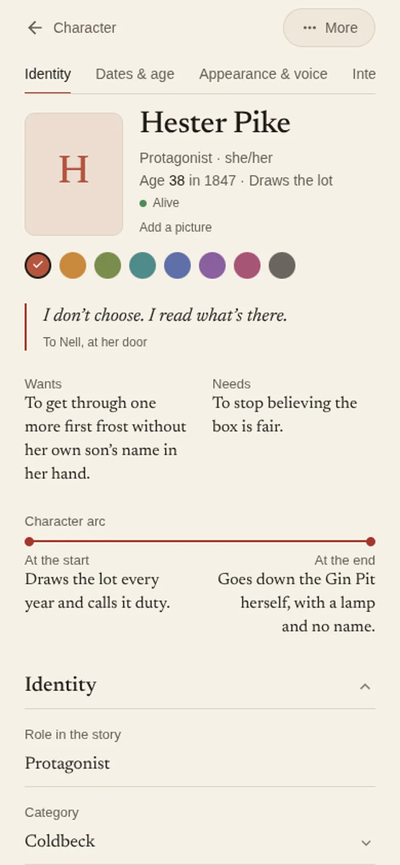 Hester Pike's page: her name, role and age, a quote, what she wants and what she needs, and where her arc starts and ends.