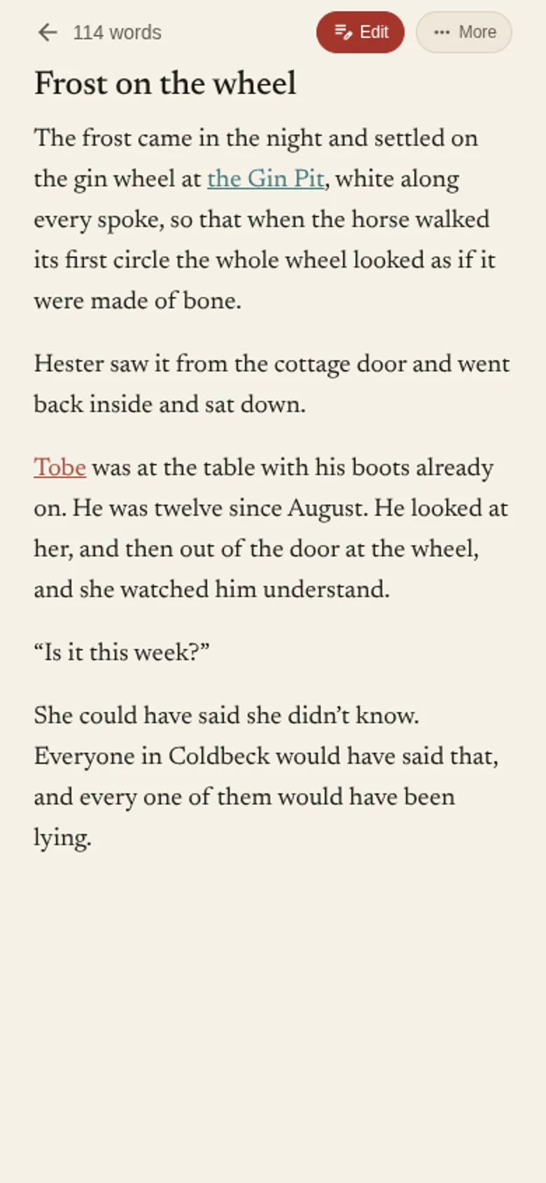 The opening scene being read, with the Gin Pit and Tobe mentioned in it.