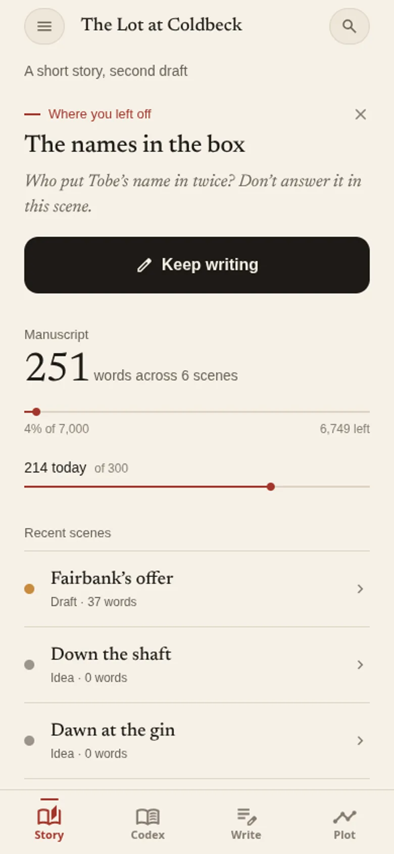 The Story tab for The Lot at Coldbeck: the note left at the last scene, a Keep writing button, the word count and today's goal.